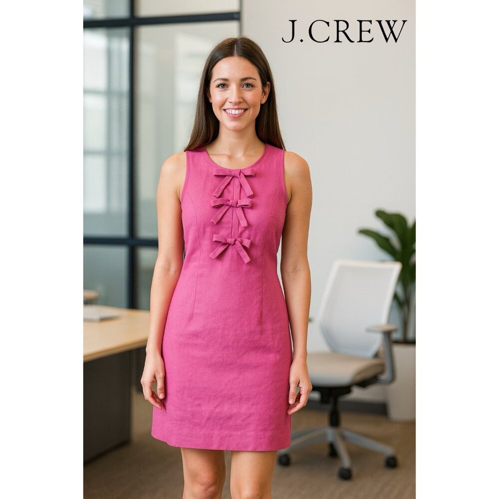 J. Crew Pink Bow-Front Shift Dress Womens XS Stretch Linen Blend Preppy BR206